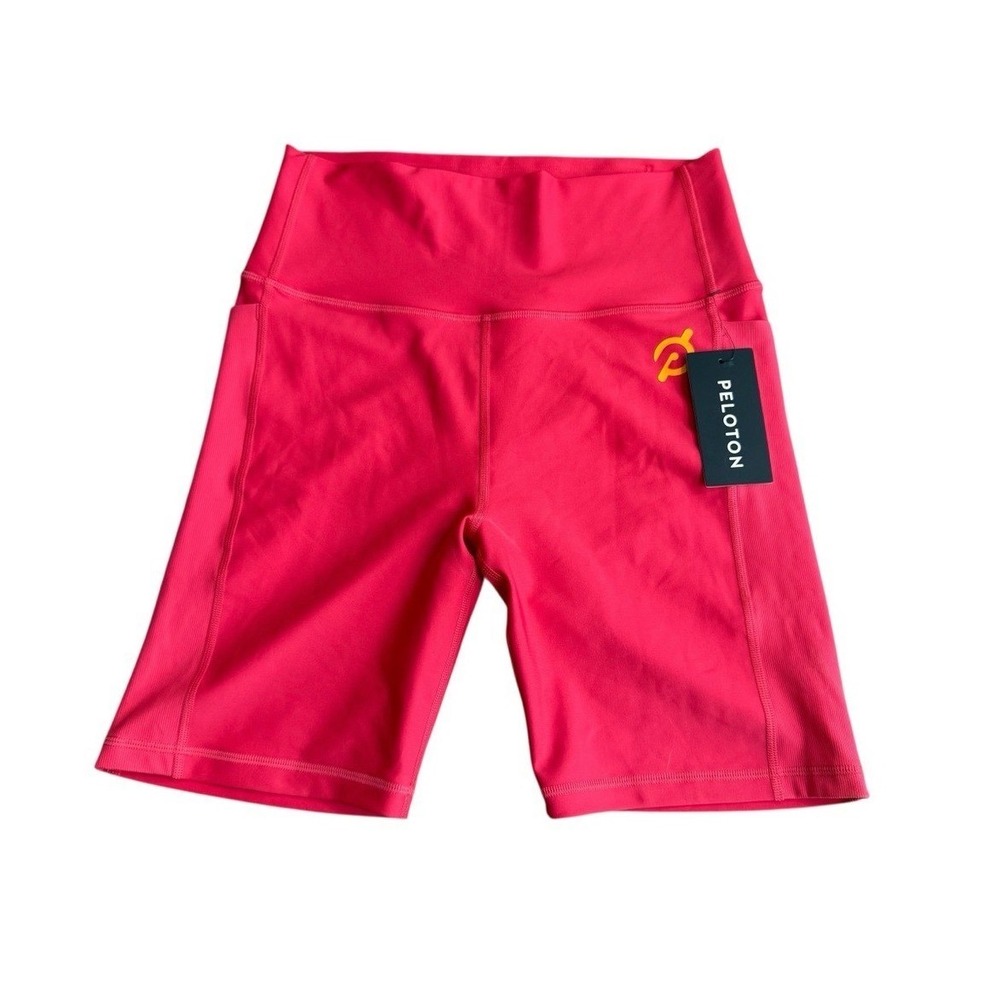 Peloton Women's M Endurance Rib Highrise Biker Shorts Bright Pink Pockets NWT
